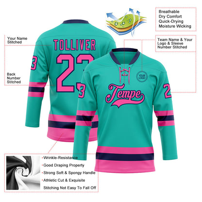 Custom Aqua Pink-Navy Hockey Lace Neck Jersey - Sky-Custom