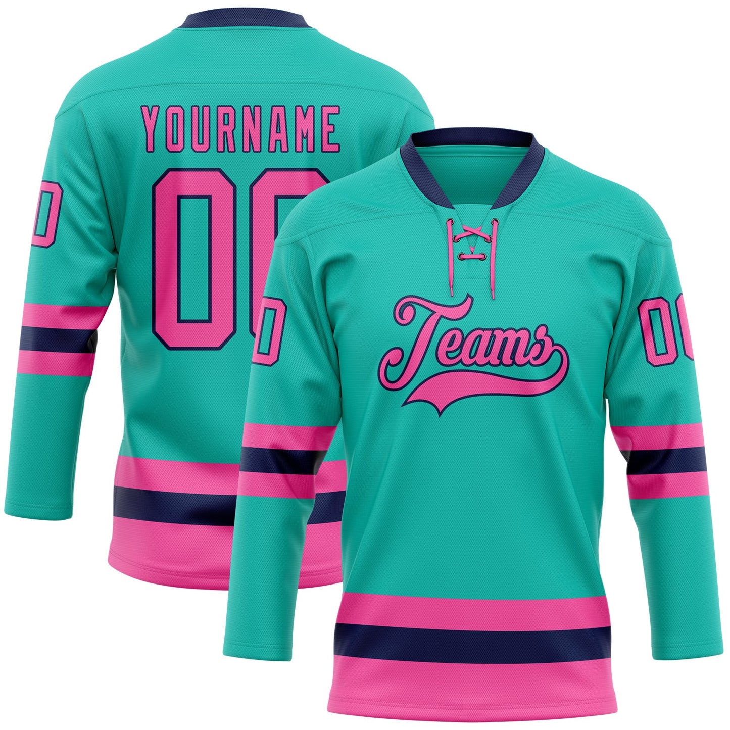 Custom Aqua Pink-Navy Hockey Lace Neck Jersey - Sky-Custom