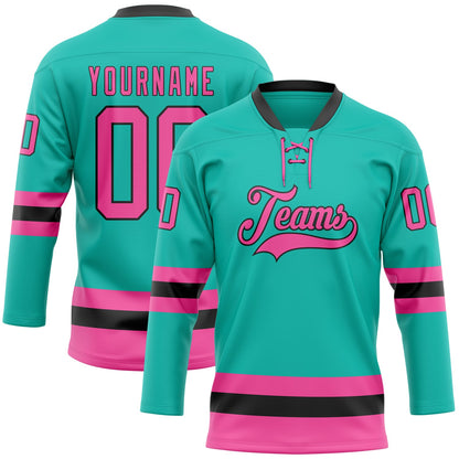 Custom Aqua Pink-Black Hockey Lace Neck Jersey - Sky-Custom