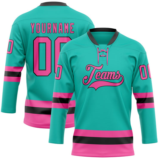 Custom Aqua Pink-Black Hockey Lace Neck Jersey - Sky-Custom