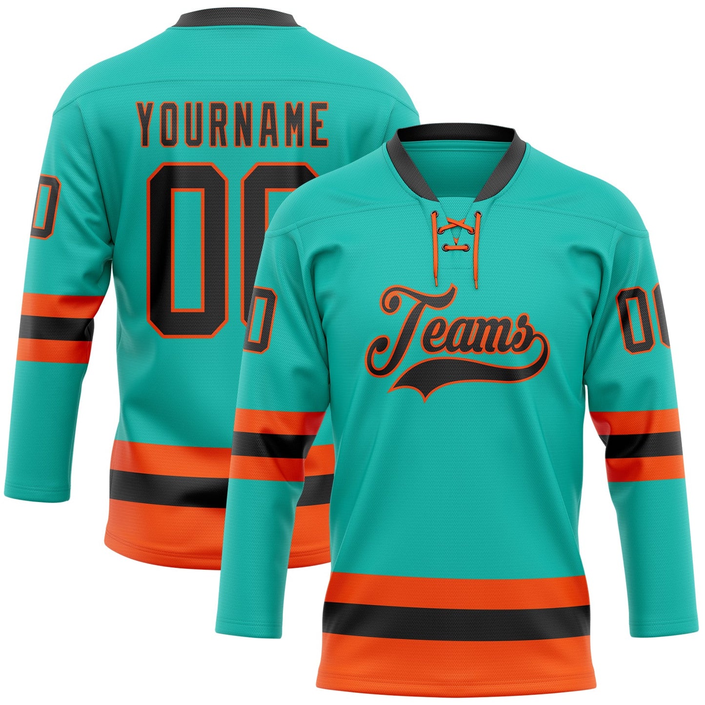 Custom Aqua Black-Orange Hockey Lace Neck Jersey - Sky-Custom
