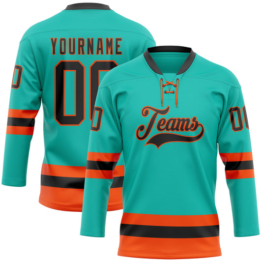 Custom Aqua Black-Orange Hockey Lace Neck Jersey - Sky-Custom