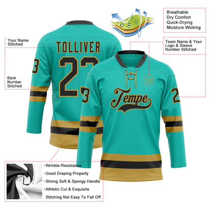 Custom Aqua Black-Old Gold Hockey Lace Neck Jersey - Sky-Custom