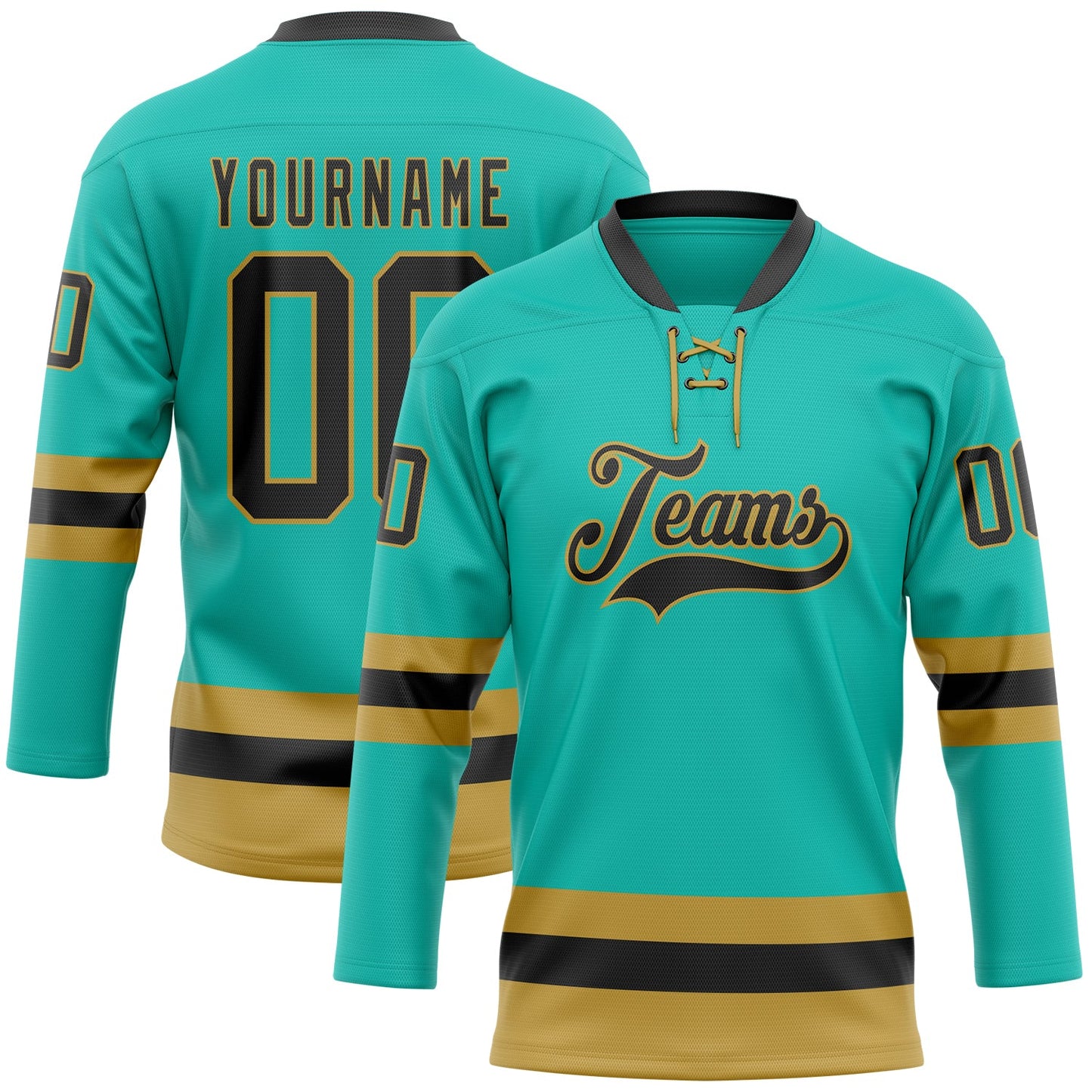 Custom Aqua Black-Old Gold Hockey Lace Neck Jersey - Sky-Custom