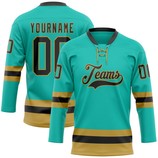 Custom Aqua Black-Old Gold Hockey Lace Neck Jersey - Sky-Custom