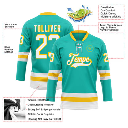 Custom Aqua White-Yellow Hockey Lace Neck Jersey - Sky-Custom