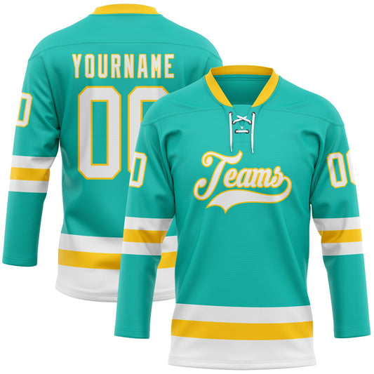 Custom Aqua White-Yellow Hockey Lace Neck Jersey - Sky-Custom