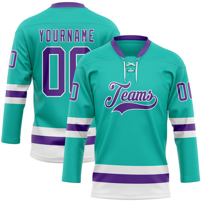 Custom Aqua Purple-White Hockey Lace Neck Jersey - Sky-Custom