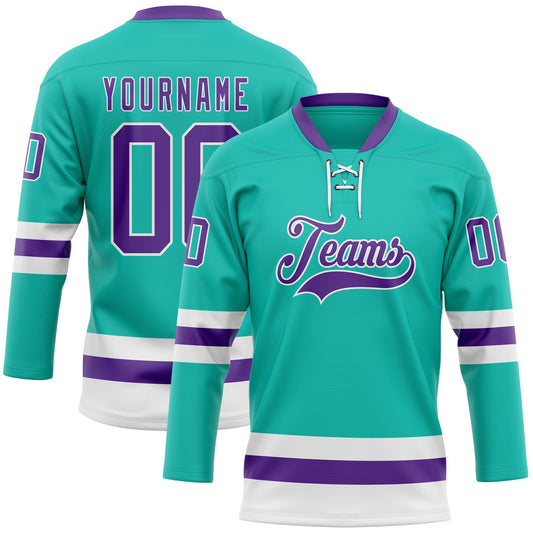 Custom Aqua Purple-White Hockey Lace Neck Jersey - Sky-Custom