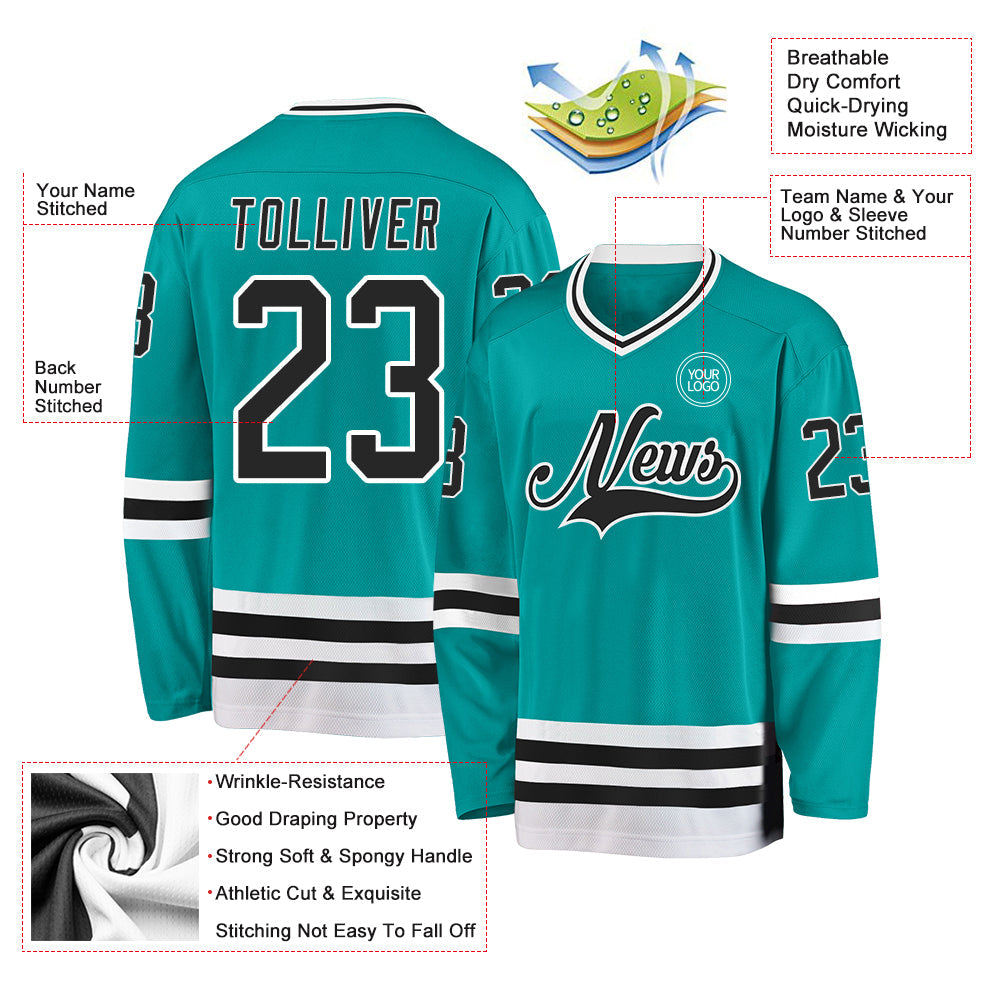 Custom Aqua Black-White Hockey Jersey - Sky-Custom