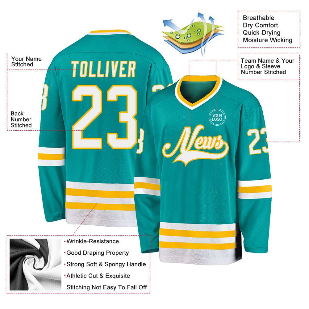Custom Aqua White-Gold Hockey Jersey - Sky-Custom
