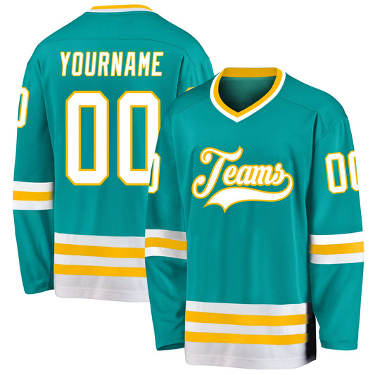 Custom Aqua White-Gold Hockey Jersey - Sky-Custom