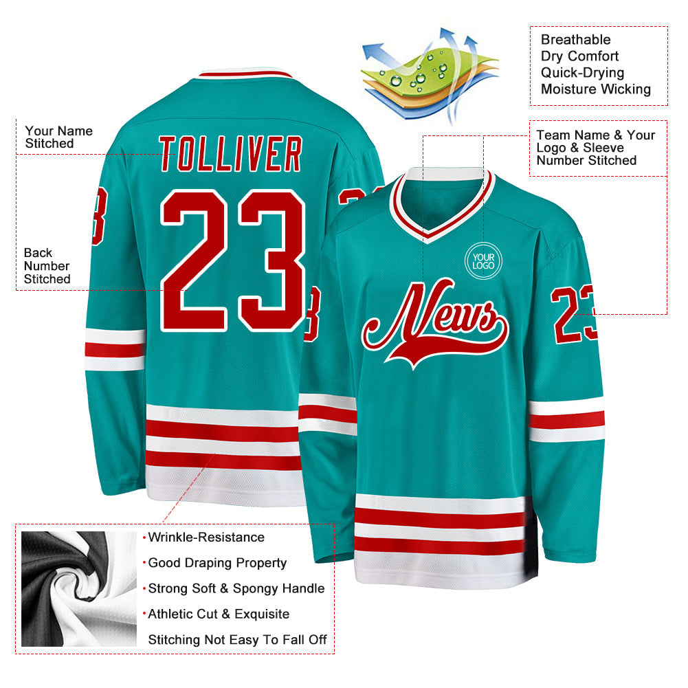 Custom Aqua Red-White Hockey Jersey - Sky-Custom