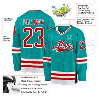 Custom Aqua Red-White Hockey Jersey - Sky-Custom