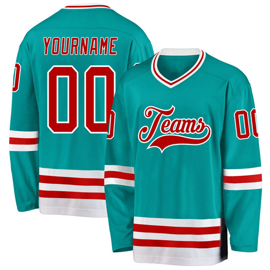 Custom Aqua Red-White Hockey Jersey - Sky-Custom