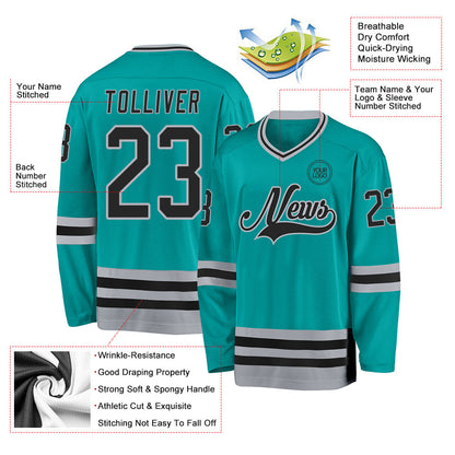 Custom Aqua Black-Gray Hockey Jersey - Sky-Custom