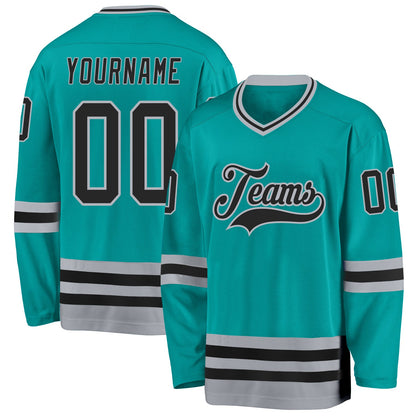 Custom Aqua Black-Gray Hockey Jersey - Sky-Custom