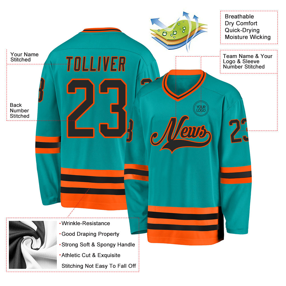 Custom Aqua Black-Orange Hockey Jersey - Sky-Custom