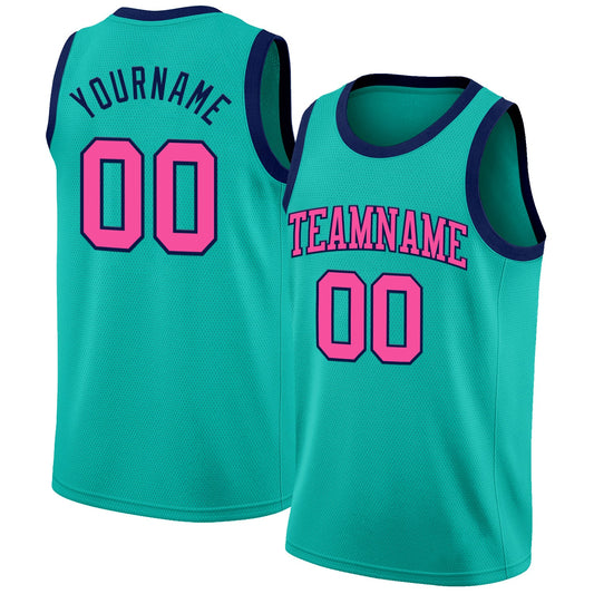 Custom Aqua Pink-Navy Authentic Basketball Jersey - Sky-Custom