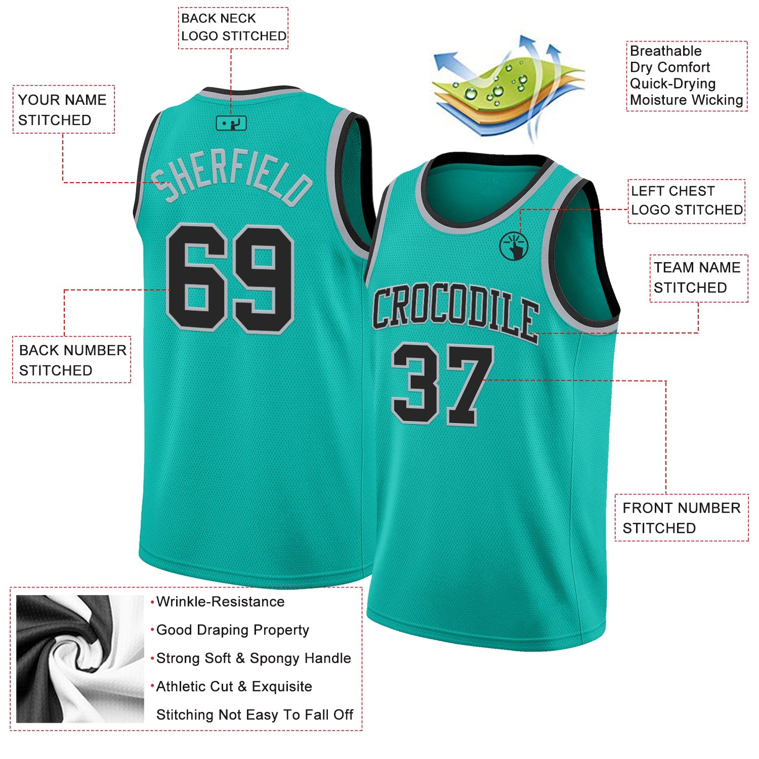 Custom Aqua Black-Gray Authentic Basketball Jersey - Sky-Custom