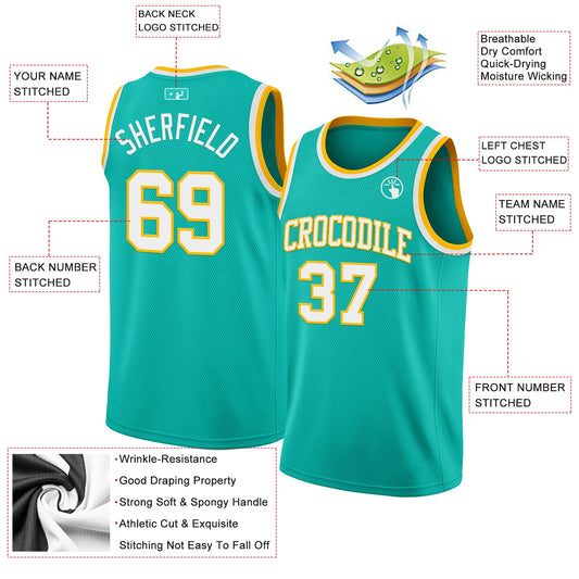 Custom Aqua White-Gold Authentic Basketball Jersey - Sky-Custom
