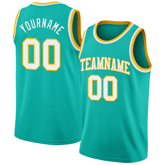 Custom Aqua White-Gold Authentic Basketball Jersey - Sky-Custom