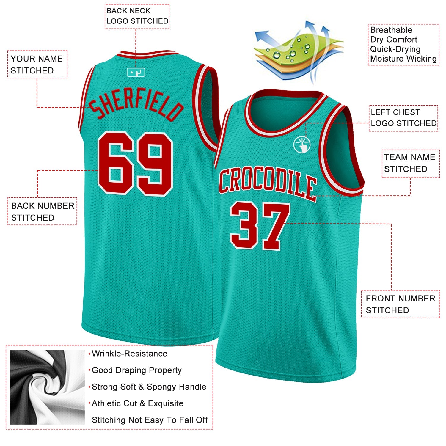 Custom Aqua Red-White Authentic Basketball Jersey - Sky-Custom