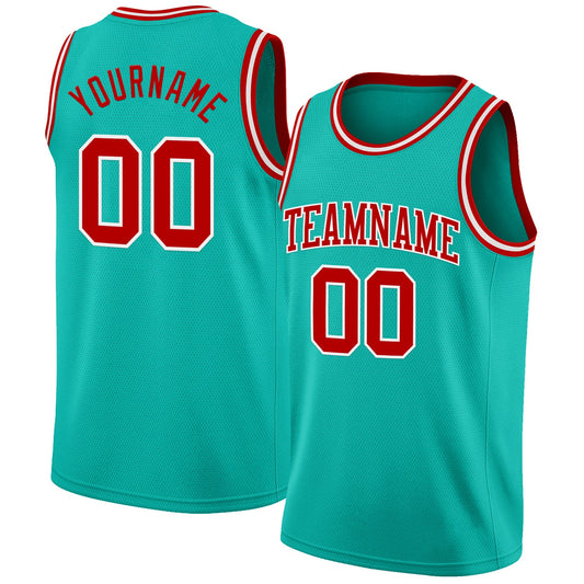 Custom Aqua Red-White Authentic Basketball Jersey - Sky-Custom