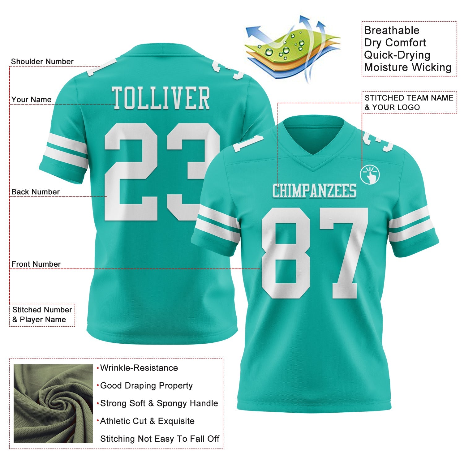 Custom Aqua White Mesh Authentic Football Jersey - Sky-Custom