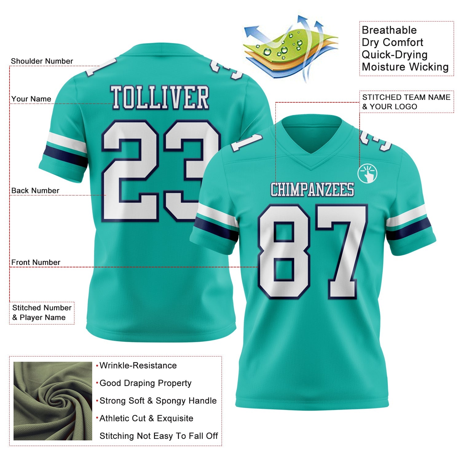 Custom Aqua White-Navy Mesh Authentic Football Jersey - Sky-Custom