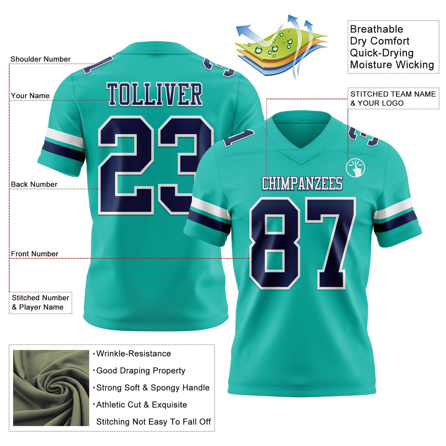 Custom Aqua Navy-White Mesh Authentic Football Jersey - Sky-Custom
