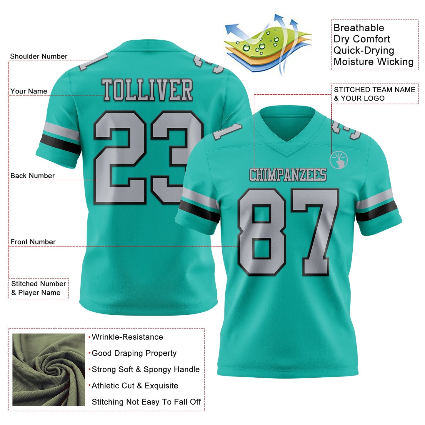 Custom Aqua Gray-Black Mesh Authentic Football Jersey - Sky-Custom
