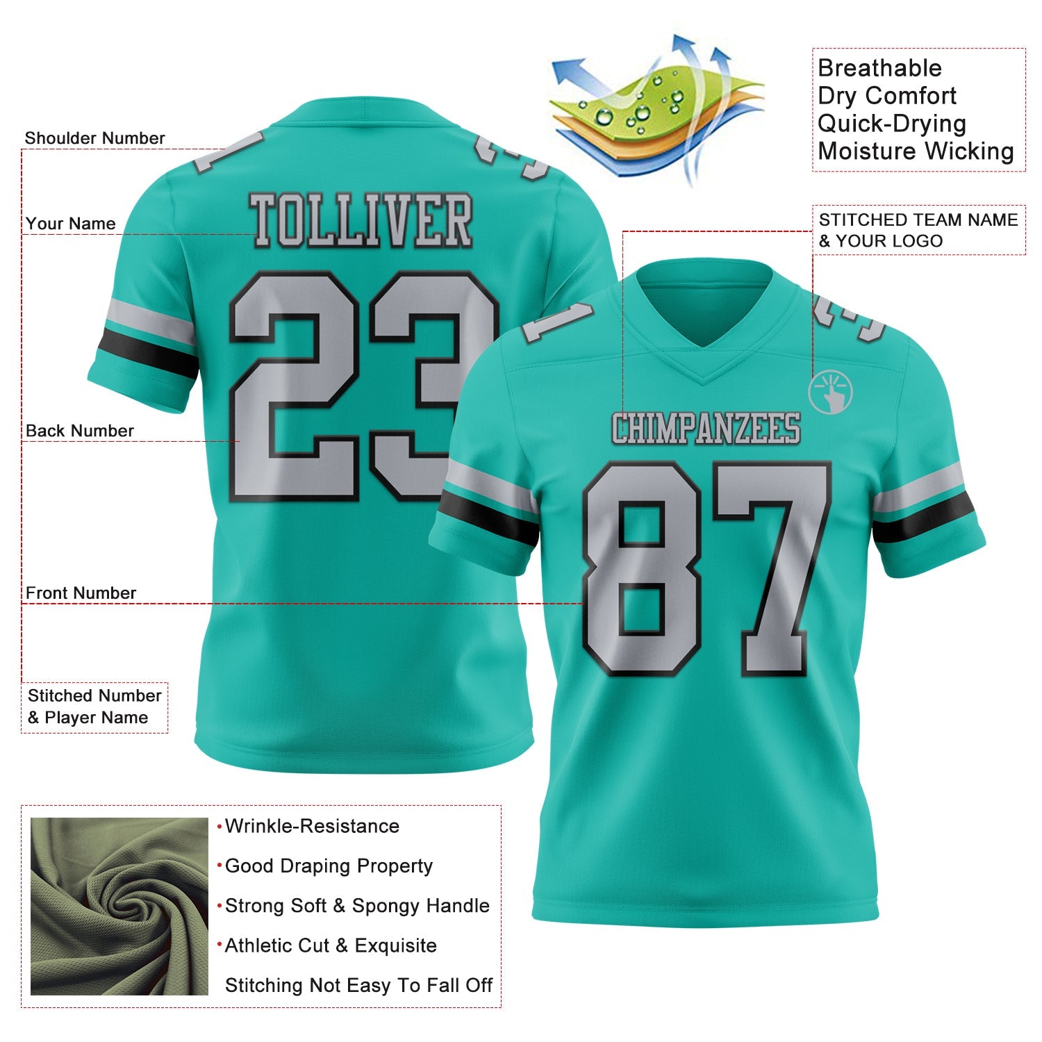 Custom Aqua Gray-Black Mesh Authentic Football Jersey - Sky-Custom
