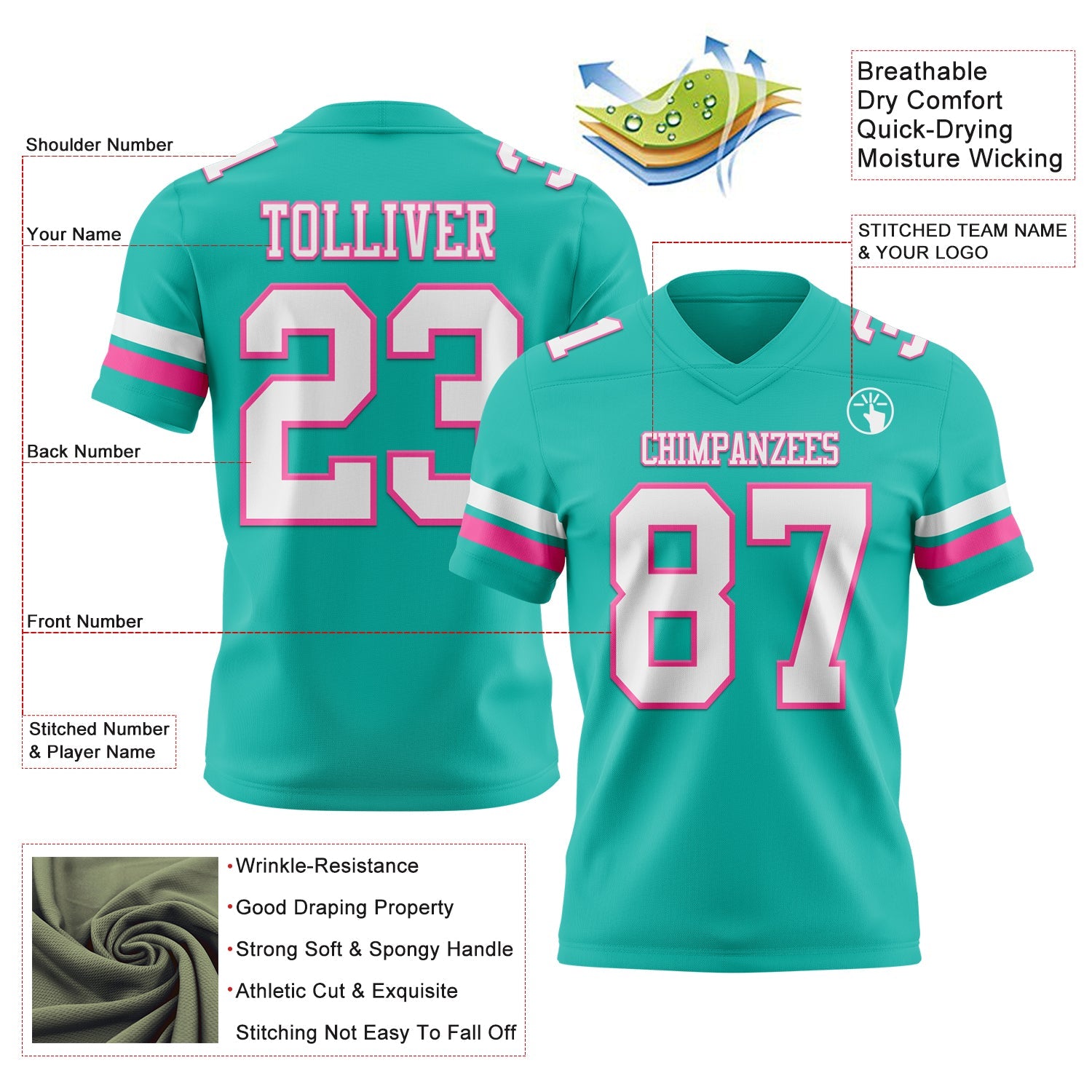 Custom Aqua White-Pink Mesh Authentic Football Jersey - Sky-Custom