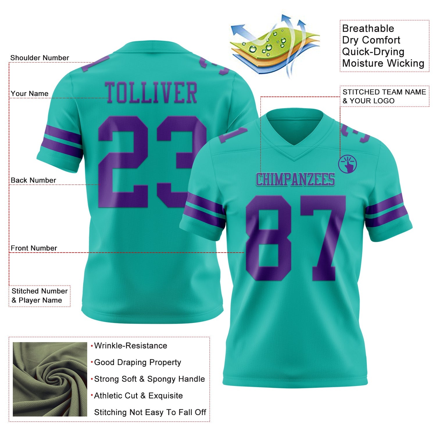Custom Aqua Purple Mesh Authentic Football Jersey - Sky-Custom