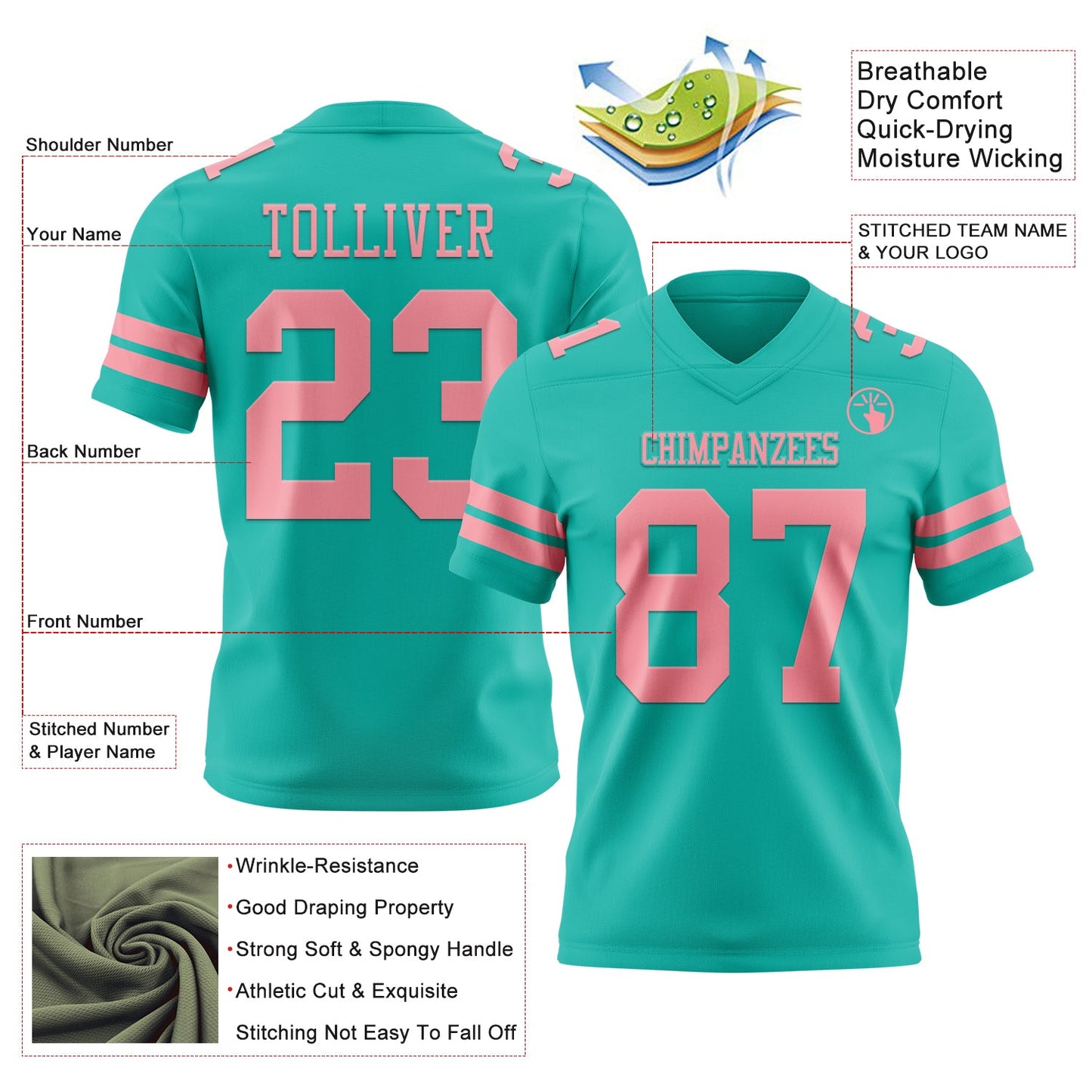 Custom Aqua Medium Pink Mesh Authentic Football Jersey - Sky-Custom