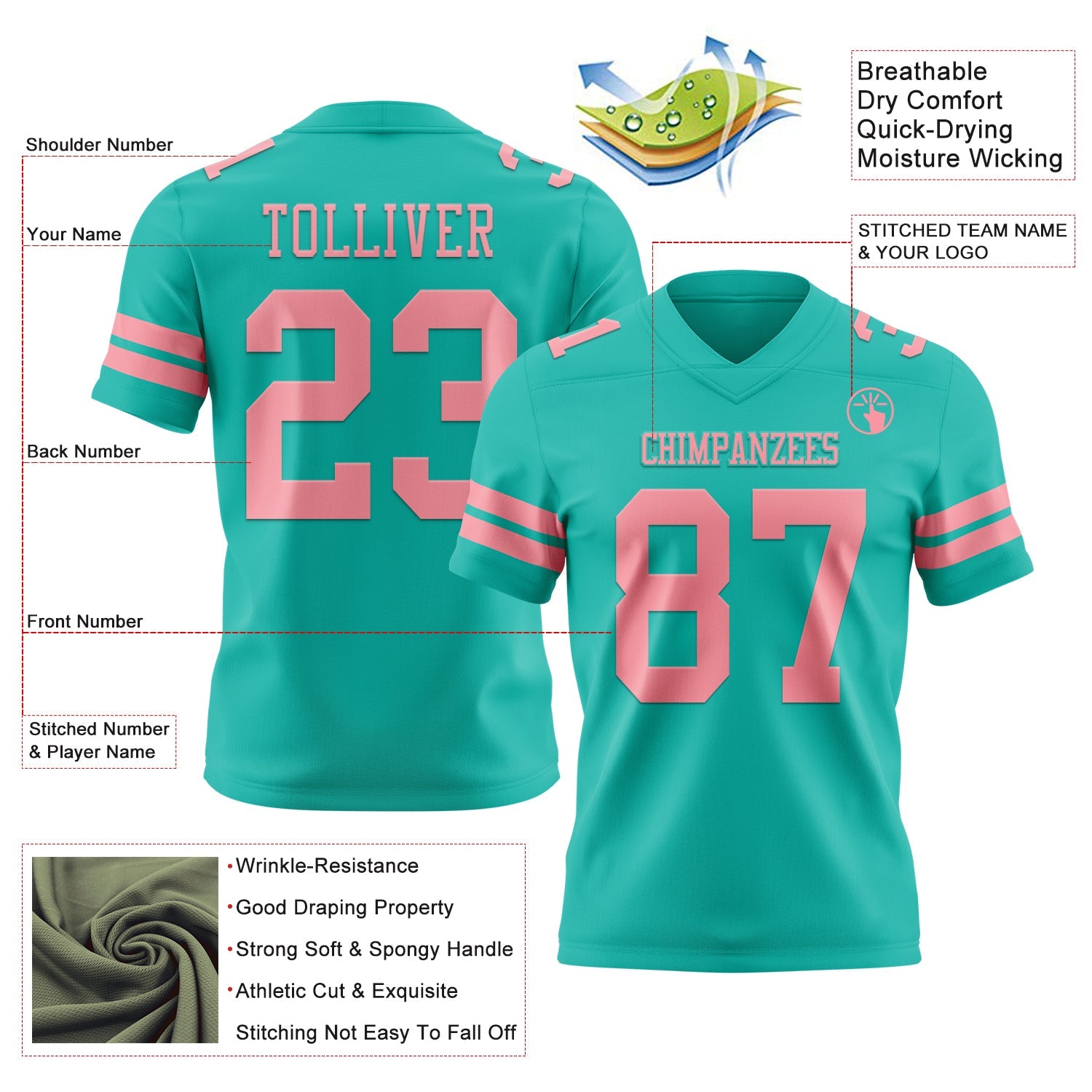 Custom Aqua Medium Pink Mesh Authentic Football Jersey - Sky-Custom