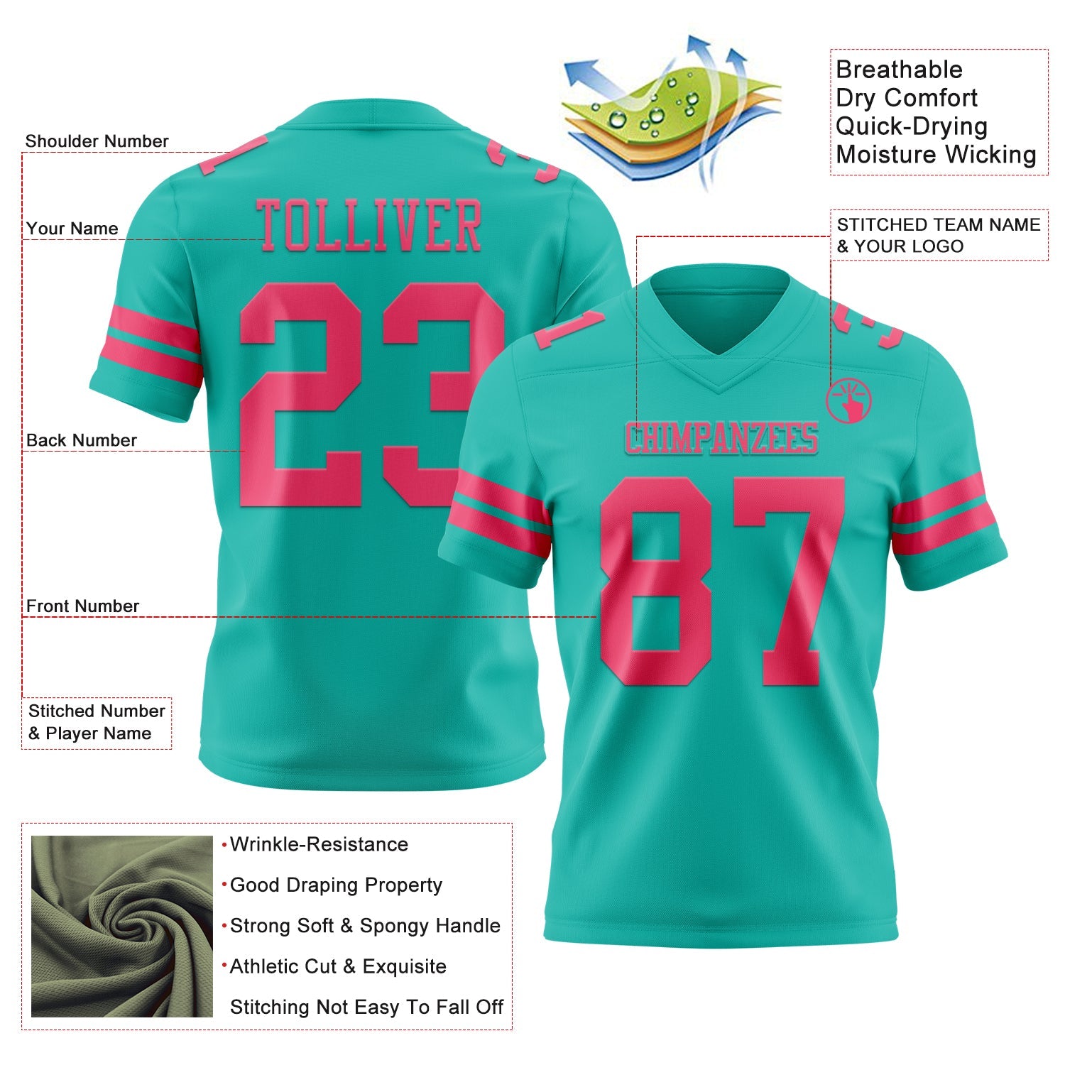 Custom Aqua Neon Pink Mesh Authentic Football Jersey - Sky-Custom