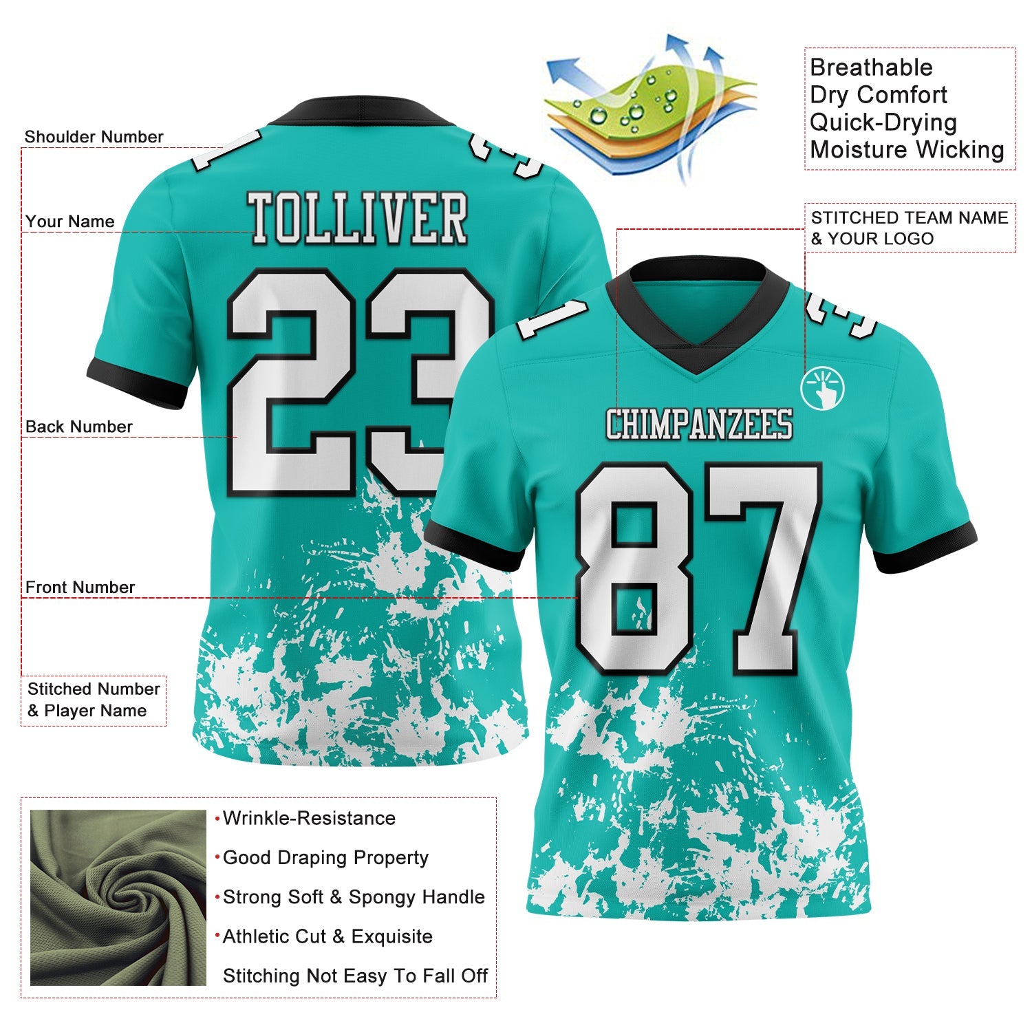 Custom Aqua White-Black Splash Mesh Authentic Football Jersey - Sky-Custom