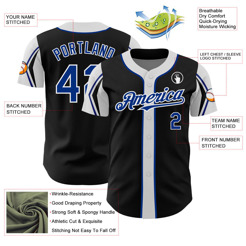 Custom Black Royal-White 3 Colors Arm Shapes Authentic Baseball Jersey - Sky-Custom