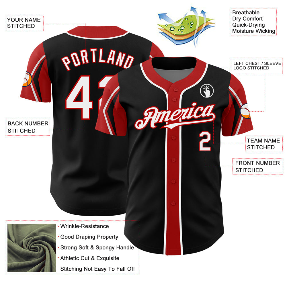 Custom Black White-Red 3 Colors Arm Shapes Authentic Baseball Jersey - Sky-Custom