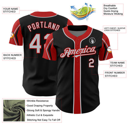 Custom Black Gray-Red 3 Colors Arm Shapes Authentic Baseball Jersey - Sky-Custom