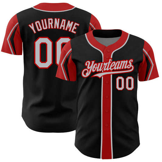 Custom Black Gray-Red 3 Colors Arm Shapes Authentic Baseball Jersey - Sky-Custom
