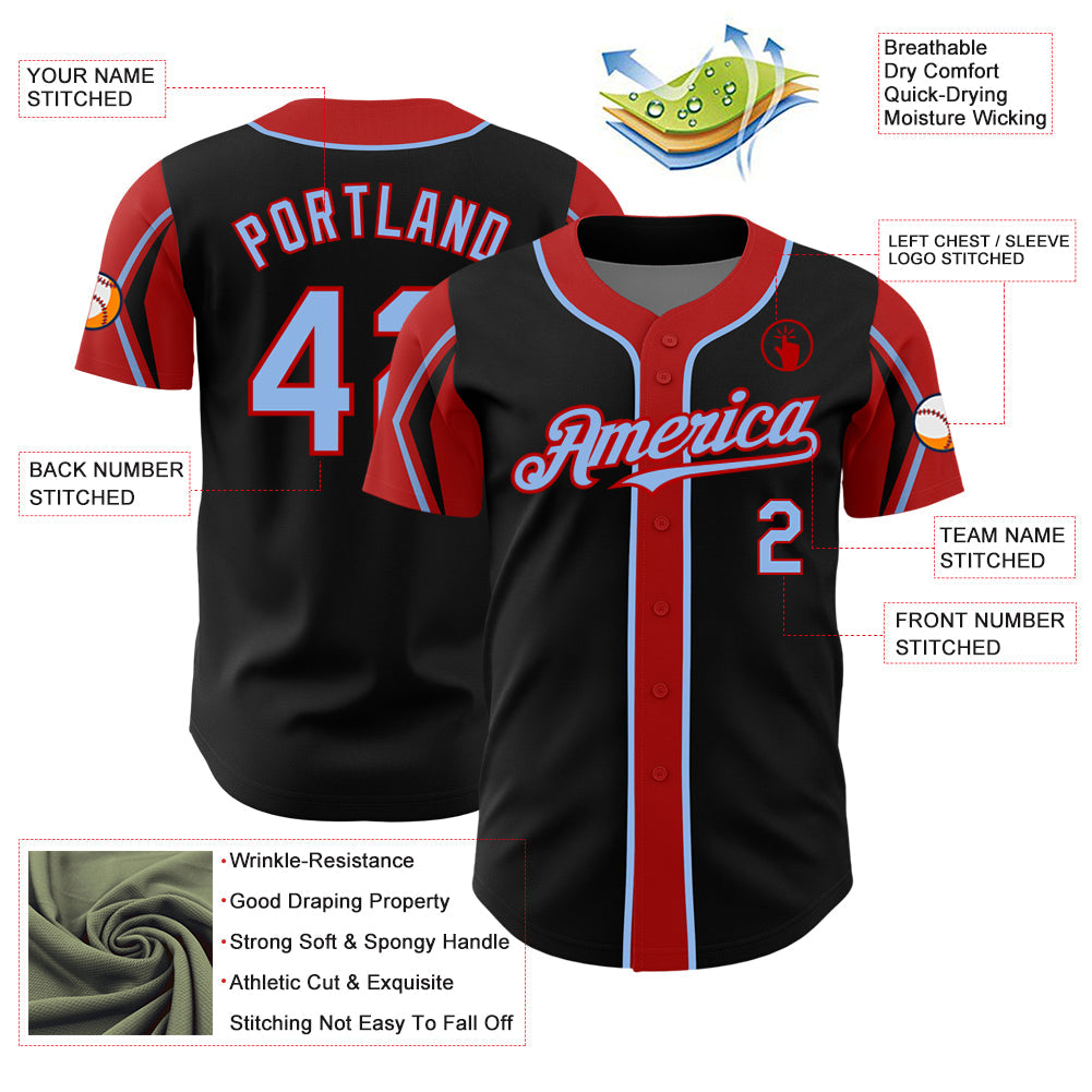 Custom Black Light Blue-Red 3 Colors Arm Shapes Authentic Baseball Jersey - Sky-Custom