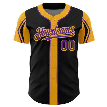 Custom Black Purple-Gold 3 Colors Arm Shapes Authentic Baseball Jersey - Sky-Custom