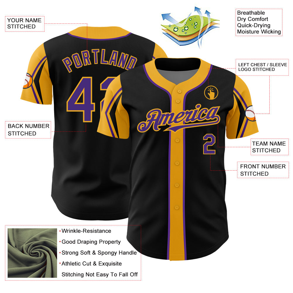 Custom Black Purple-Gold 3 Colors Arm Shapes Authentic Baseball Jersey - Sky-Custom