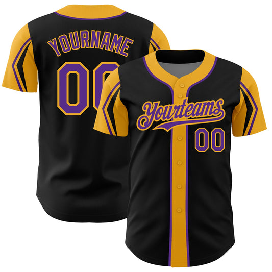 Custom Black Purple-Gold 3 Colors Arm Shapes Authentic Baseball Jersey - Sky-Custom