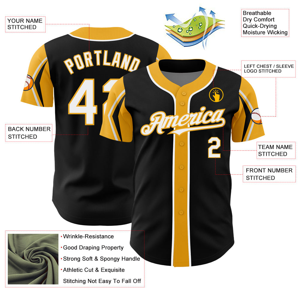 Custom Black White-Gold 3 Colors Arm Shapes Authentic Baseball Jersey - Sky-Custom