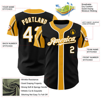 Custom Black White-Gold 3 Colors Arm Shapes Authentic Baseball Jersey - Sky-Custom
