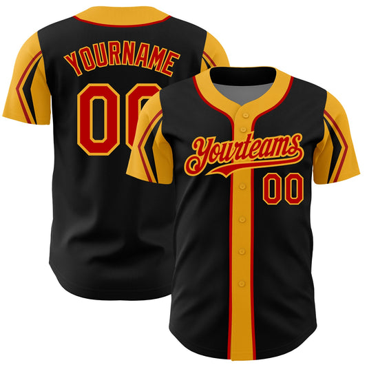 Custom Black Red-Gold 3 Colors Arm Shapes Authentic Baseball Jersey - Sky-Custom